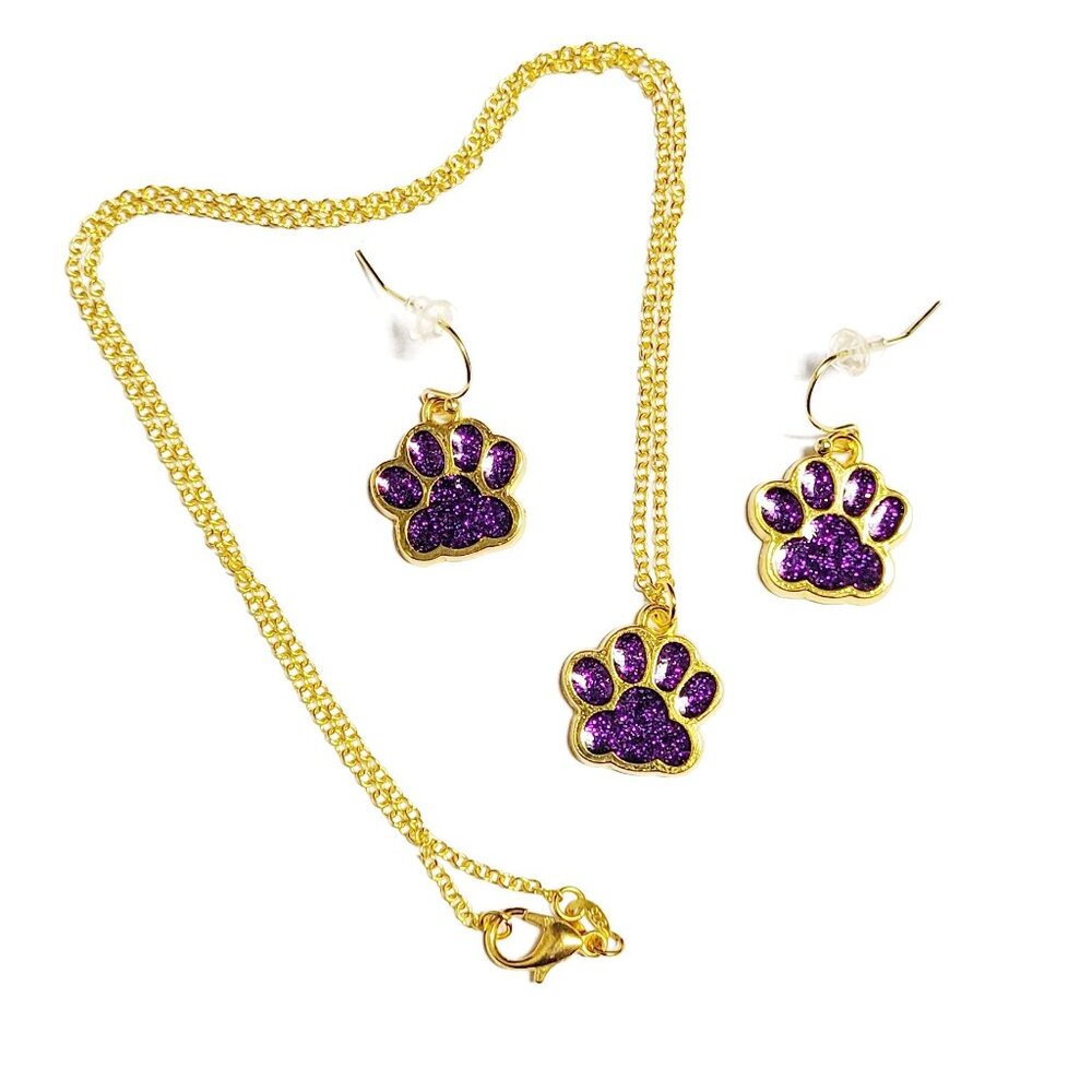 Purple Paw Sparkly Gold Plated Earrings & Necklace Set NWT